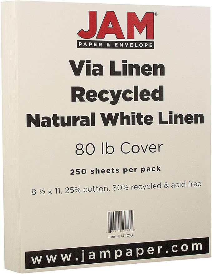 JAM PAPER Strathmore 80lb Cardstock - 8.5 x 11 Coverstock - 216 gsm - Natural White Linen - 30% recycled - 250 Sheets/Ream