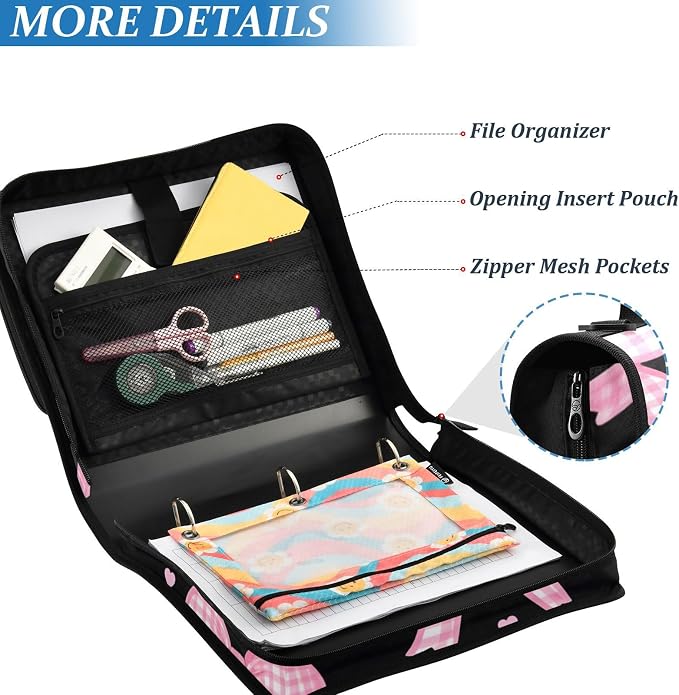 3 Ring Zipper Binder with Shoulder Strap Pink Bow Heart 2 Inch Zippered Binder Bag 500 Sheet Capacity Multi Pockets for School Supplies