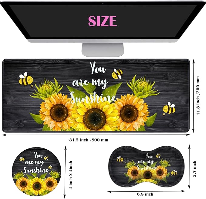 Large Gaming Mouse Pad 31.5x11.8 Inch Keyboard Pad + Ergonomic Wrist Rest Pad and Coaster with Non-Slip 3-Piece Desk Supplies Set, Sunflower, You are My Sunshine Design for Gamers/Office/Study