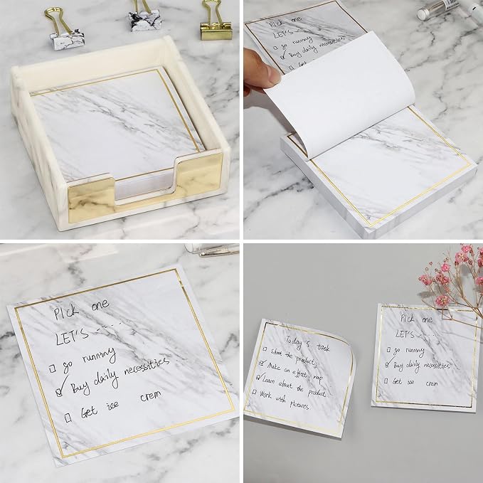 Buqoo Gold Acrylic Sticky Note Holder with Metal Stencil, 2* Sticky Notes | Post It Note Dispenser Sticky Note Pad Holder Organizer for to Do Lists, Grocery Lists