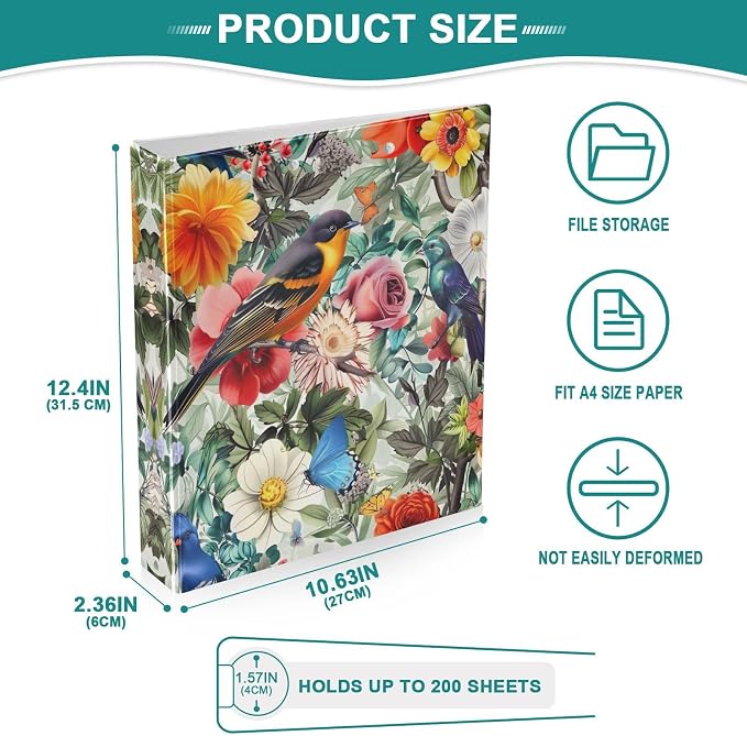 Flower with Colorful Birds 3-Ring Binder 1.5 Inch 1 Pack Round Ring Binder Holds 200 Sheets with 3 Inside Pockets for Office Home Organization