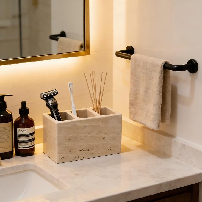 Travertine Desk Organizer, 3 Compartment Pencil Holder | for Pens, Makeup Brushes, Office Supplies and Bathroom Counter Decor, 5.91 x 3.94 x 3.94 in