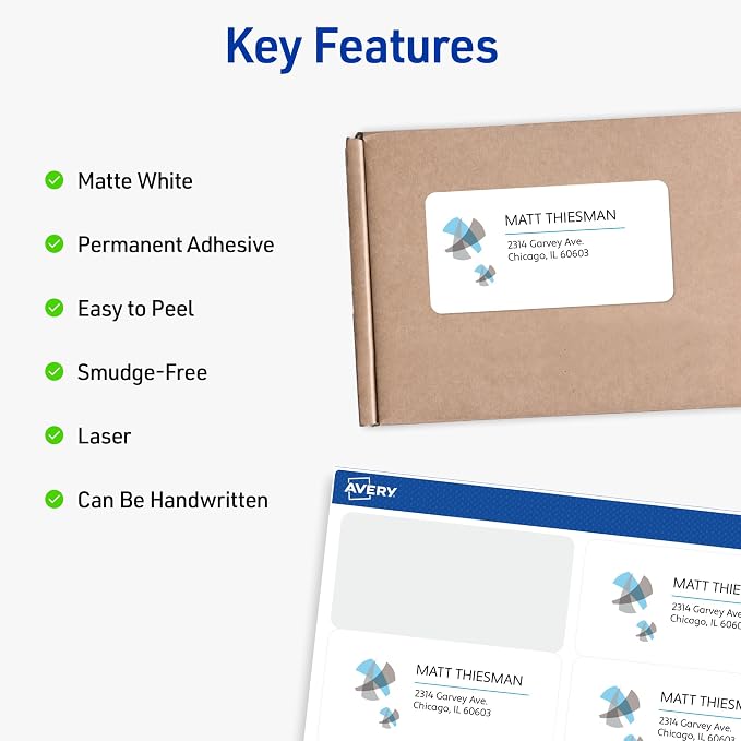 Avery Full-Sheet Printable Shipping Labels, 8.5" x 11" Customizable Stickers, White, 500 Blank Mailing Labels for Laser Printers, Great for Mailing, Shipping, Organizing, and More (91201)