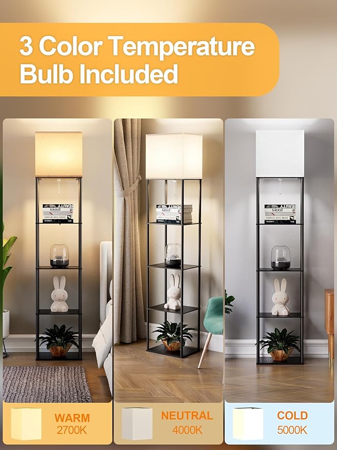 Large Floor Lamp with Shelves, 5-Tier Tall Floor lamp with for Living Room, Shelf Floor Lamp with 3 CCT LED Bulb, Corner Display Standing Column Lamp, Etagere Organizer Tower Nightstand for Bedroom