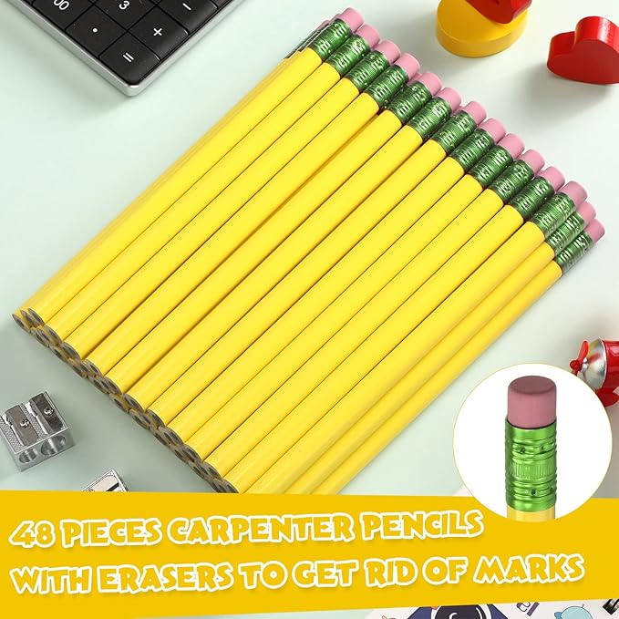 Fainne 48 Pcs Large Pencils 3 Sharpeners,Yellow+green,Round
