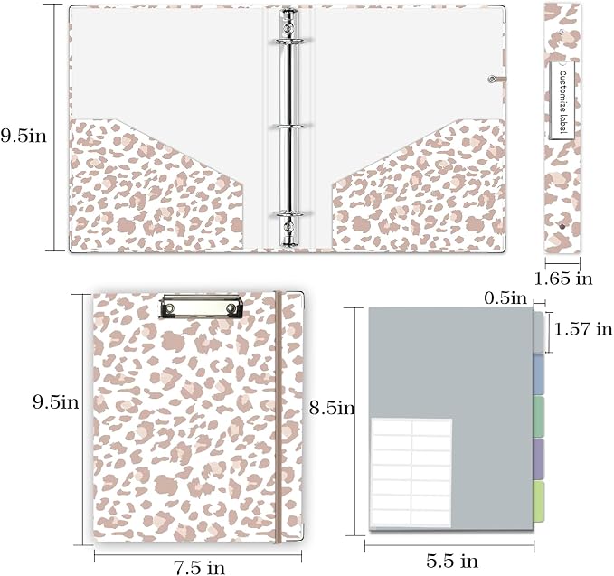 Mini 3 Ring Binder 1 Inch for 5.5"x8.5" Paper, Cute Small Three Ring Binders with Clipboard,5-Tab Dividers, Interior Pocket, Spine ID Label Holder, BVSSX A5 Binder with Pen Holder,Leopard