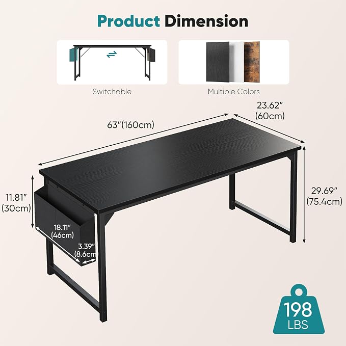 OLIXIS Computer Desk, 63 Inch Gaming Desks for Home Office Small Spaces | Writing Study Craft Work Table, Computer Workstation for Bedroom with Storage Bag, All White