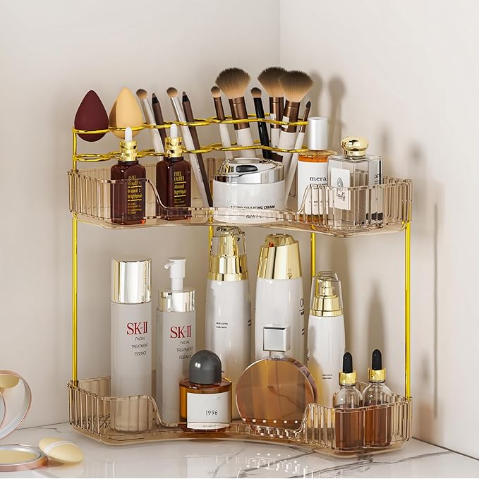 SUNZOS Corner Bathroom Counter Organizer, 2-Tier Countertop Makeup Organizer with Makeup Brush Holder for Dresser, Vanity Perfume Tray for Corner Storage