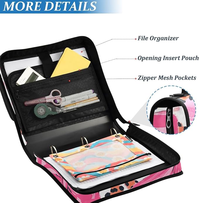 Custom 3 Ring Zipper Binder Pink Bow Leopard Print Personalized Name 1.5 inch Binders Large Capacity Multi Pockets for School Office Supplies
