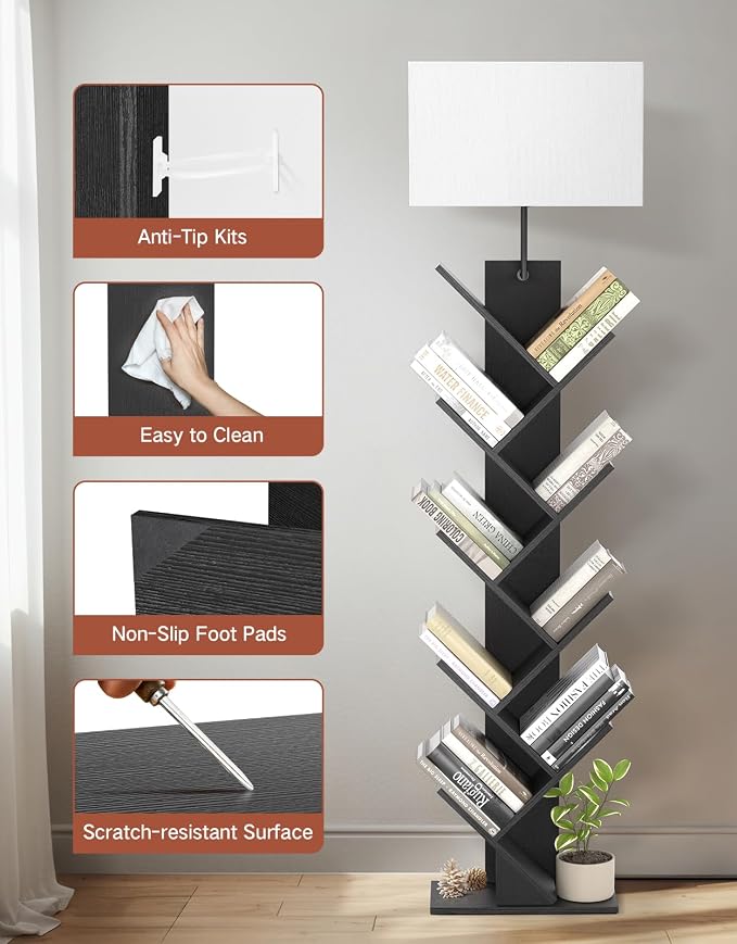 9 Tier Tree Bookshelf with Light, Remote & Timer, Dimmable Tall Floor Book Shelf, Narrow Wood Bookcase, Small Book Organizer Shelves for Living Room, Bedroom, Home Office (Black)