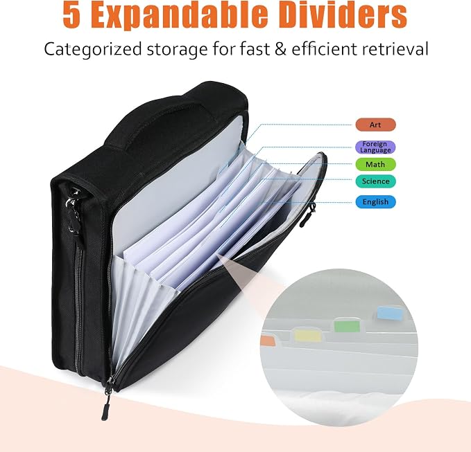 2 Inch 3 Ring Zipper Binder with 500 Sheet Capacity, 6 Tab Expanding File Folder, Multi-Pocket Design, Shoulder Strap and Handle for Middle School and Office (Black)
