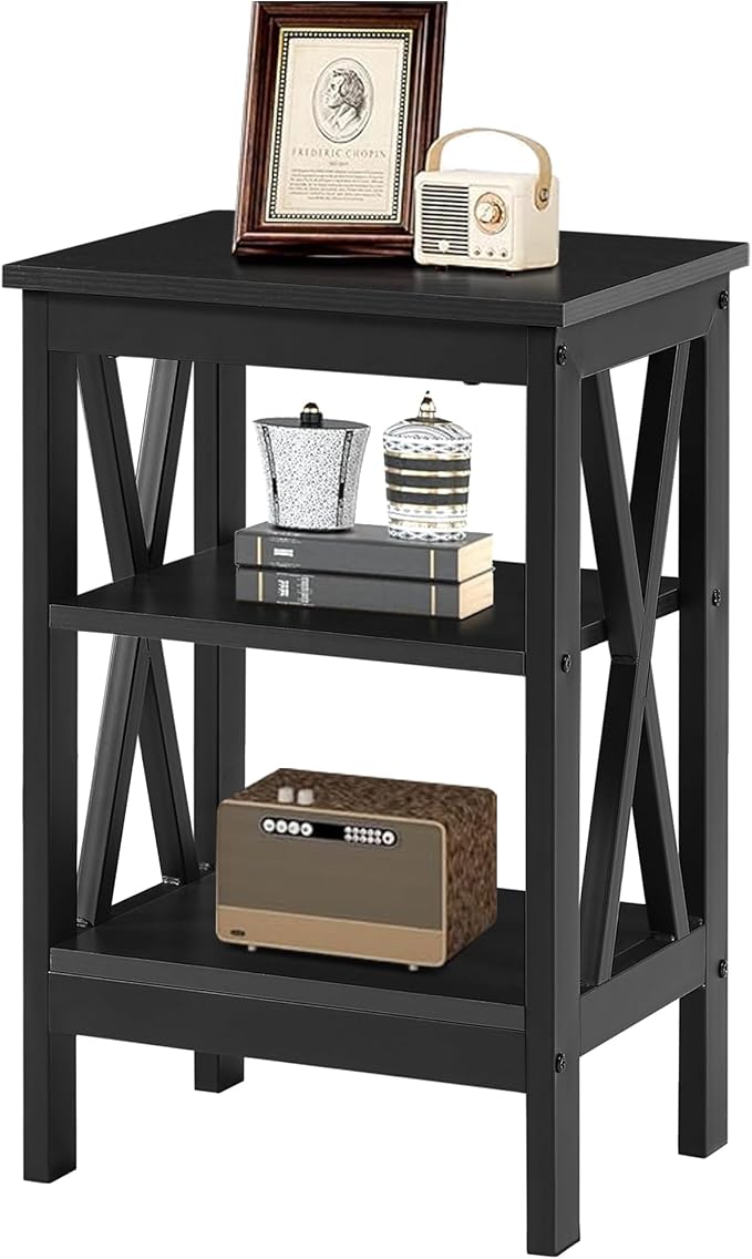 VECELO End Table, Bedside Table, 24" Tall Living Room End Tables, X-Design Reinforced Nightstands, Side Table with 3-Tier Storage Shelves for Small Spaces, Office, Bathroom, Bedroom, Black
