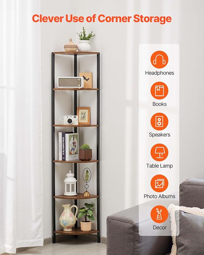 VEVOR 6 Tier Corner Shelf with LED Light, 68" Tall Corner Bookshelf with Storage Shelves for Collectibles, Display Shelf with Multi-Color Lights Controlled Via RC/APP for Bedroom, Living Room, Office