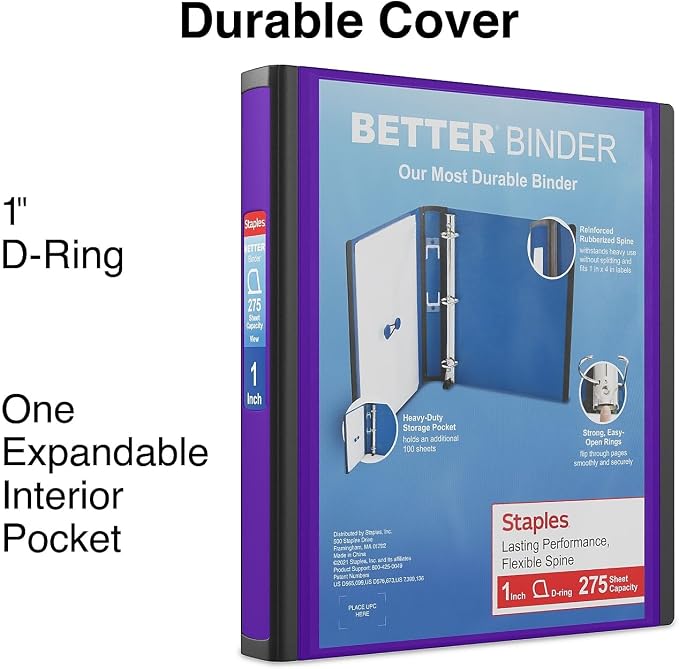 Staples Better Binder, 1-Inch D-Ring View, Purple, 275 Sheets | Reinforced spine for durable everyday use in office and school settings.