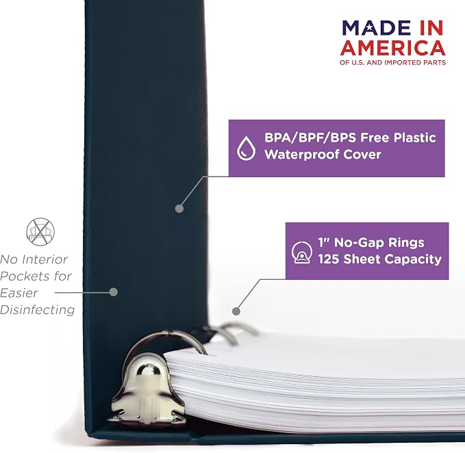 Carstens 1-Inch Heavy Duty 3-Ring Binder - Side Opening, Navy Blue, Durable Plastic, Precision No-Gap Rings, Waterproof Cover, No Pockets, Holds 125 US Letter Sheets, BPA-Free, Made in USA (8708-3R)