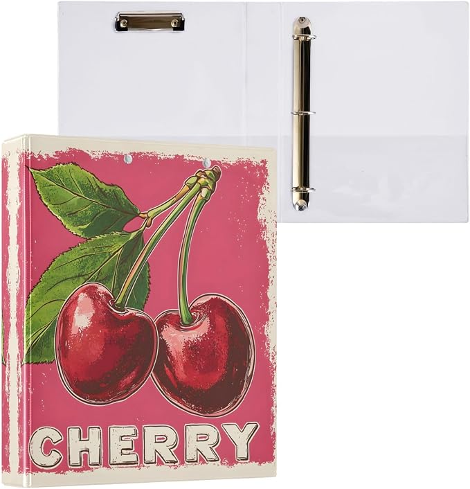 3 Ring Binder Red Cherry Print 1.5" Round Ring Binders View Binder with 200 Sheet for Kids School Supplies Women Men Office, 1 Pack