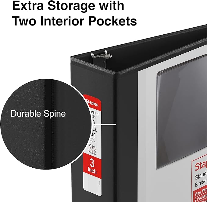 Staples Standard 3-Inch D-Ring View Binder, Holds Up to 600 Sheets, Black, Large Capacity Binder for Office & School