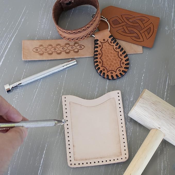 Realeather Explore Leathercraft Kit with Card Sleeve, Bookmark, Laced Key Fob, Wristband and Bag Tag