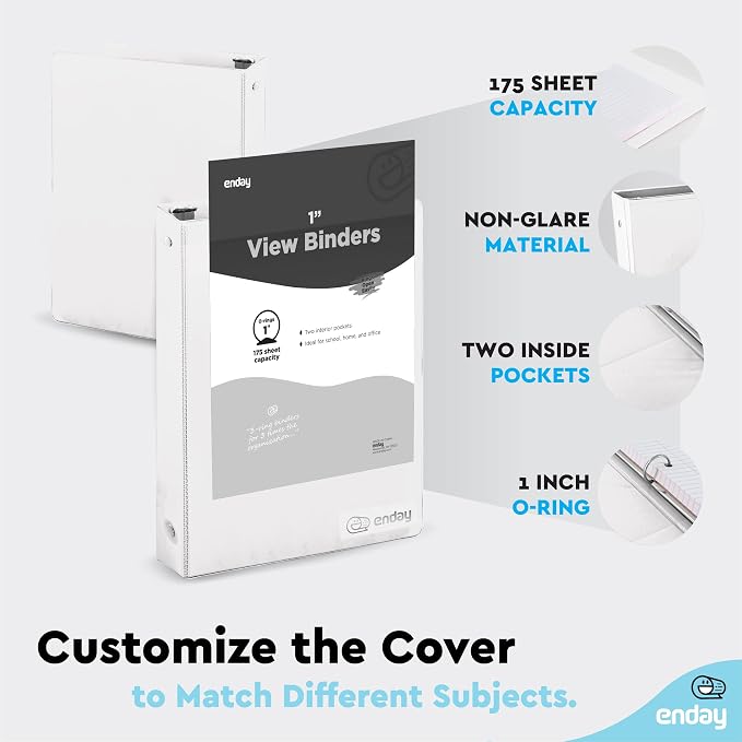 Enday 1 Inch Binder (6 Pack - White) 3 Ring Binder 1 inch with Clear View Cover and 2 Inside Pocket - for Letter Size 8.5 x 11'' Paper, Ideal for School Supplies, Office, and Home