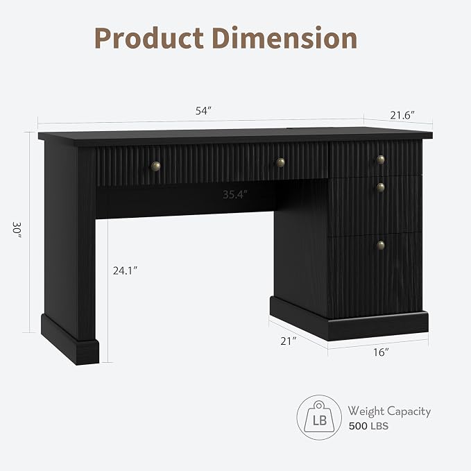 Garvee 54" Fluted Home Office Desk with File Drawer for Home Office | Modern Executive Desk with Charging Station, Wooden Computer Writing Desk for Study Room, Black