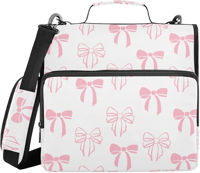 Bow Knot Pink Doodle Zipper Binder with Shoulder Strap Trapper Keeper 3 Ring Binder Organizer Large Capacity Multiple Compartments for School Office