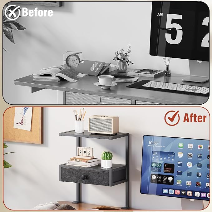 VENNQD Clamp On Desk Shelf, 2-Tier Desktop Organizer, Wood Desktop Supplies Tabletop Book Storage Rack with Adjustable Shelves for Table Working and Gaming Accessories, Black