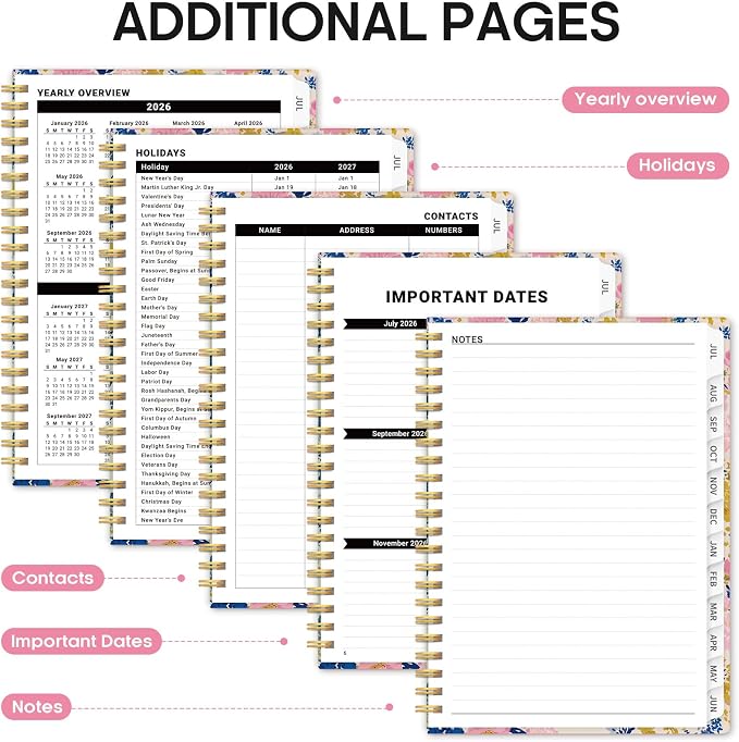 Taja Planner 2026-2027, Jul 2026-Jun 2027 Monthly & Weekly Calendar Planner | 6.3" x 8.5", Hardcover Academic Calendar, Teacher Student Agenda Book with Tabs, School Office Supplies, Pink Garden