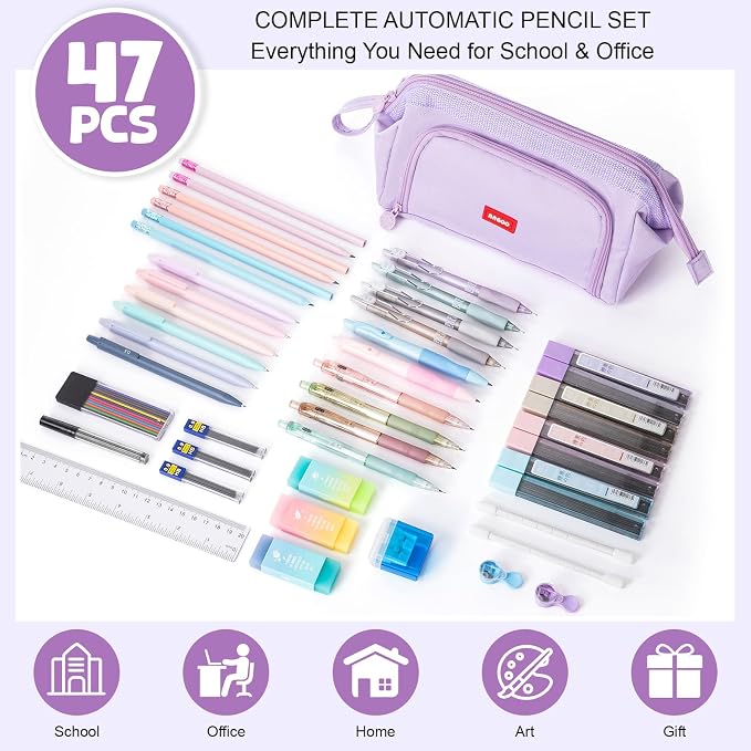 Eersida 47 Pcs Aesthetic School Supplies with Cute Pen Case, Mechanical Pencils 0.5mm, 0.7mm, 0.9mm & 2.0mm with Leads and Eraser Refills, Wood Pencils #2, for Writing, Drawing & Drafting(Purple)