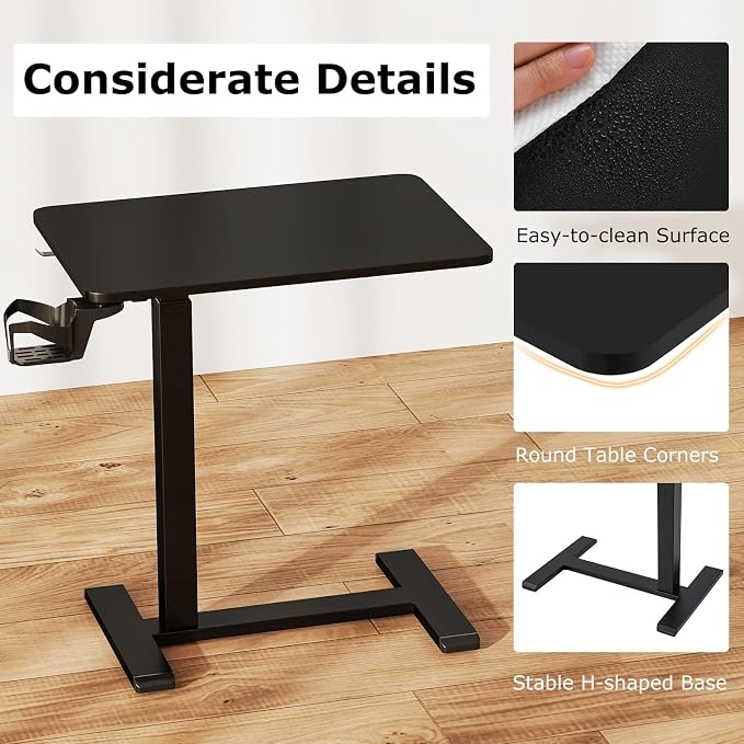 Tangkula Mobile Standing Desk, Pneumatic Height Adjustable Rolling Desk with Cup Holder & Headphone Hook, Overbed Table with Hidden Wheels, Laptop Computer Cart for Couch, Home, Office (Black)