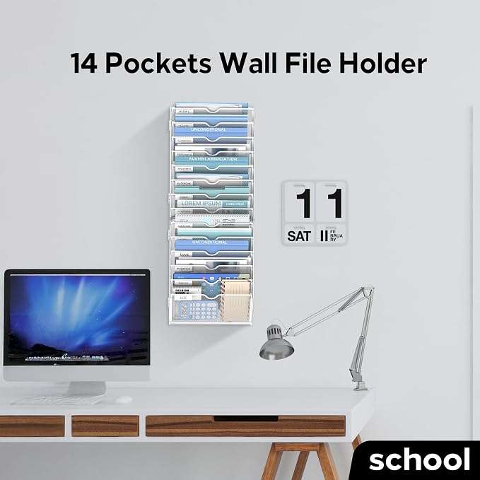 14-Tier Wall File Organizer and Hanging File Organizer, White | Wall Organizer and Wall Mounted File Holder with 14 Pockets and Label Panels for Files, Mail, Folders, Magazines and Paper