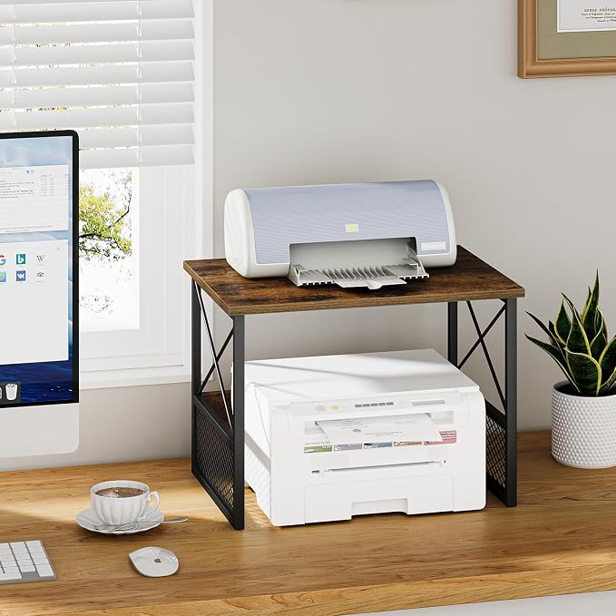 Printer Stand for Desk, Desktop Printer Stand Shelf Organzier for Home Office, for Above and Under Desk, Fax Machine Copier Scanner, Rustic Brown