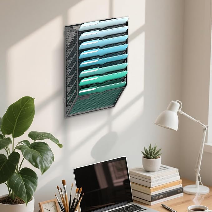 8-Tier Wall File Organizer, Hanging File Holder, Wall Mounted Mail Sorter | Metal Mesh Hanging File Organizer with Open Compartments and Label Panels for Papers and Folders at Home, Office or School
