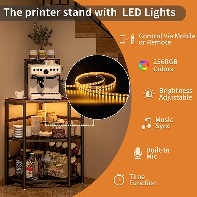 4-Tier Corner Printer Stand with Power Outlet and LED Lights, Rustic Brown | 4 Tier Storage, Corner Space Saving Design, Fits Laser Printer, Scanner and Office Supplies, Home Office Organization
