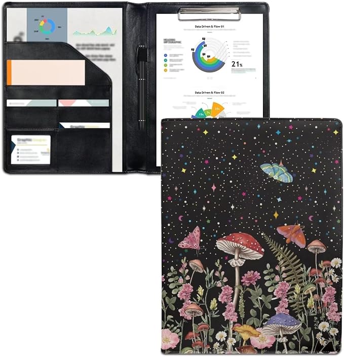 Dreaweet Mushroom Print Padfolio Clipboard Folder Leather Portfolio Organizer Binder for Women,Cute Business Organizer Suitable for Interviews,Resumes,and Conference Documents