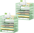 Daltack 6-Tier Paper Organizer for Desk with Handle, Green, 2 Pack | Sturdy Metal Mesh Organizer with Movable Middle Trays and a Carry Handle for Papers, Folders and Office Supplies