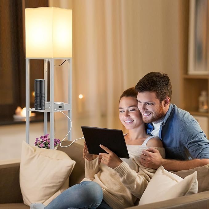 Shelf Floor Lamp with Wireless Charger, USB, Type C, AC Port, Grey | Fast Charging USB Ports & Type C Port & 2 Power Outlets, 3 Tier Storage Shelf Lamp, E26 Base, 60W Max(Bulb Not Included)