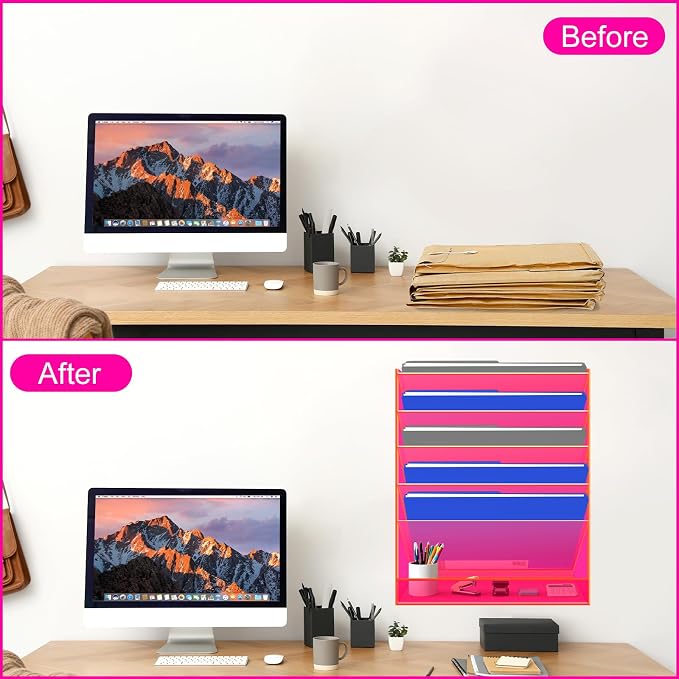 Gelite Hanging File Organizer Acrylic Wall File Holder for Office Vertical Paper Organizer Wall Mounted Magazine Rack, 5 Pockets, Neon Pink