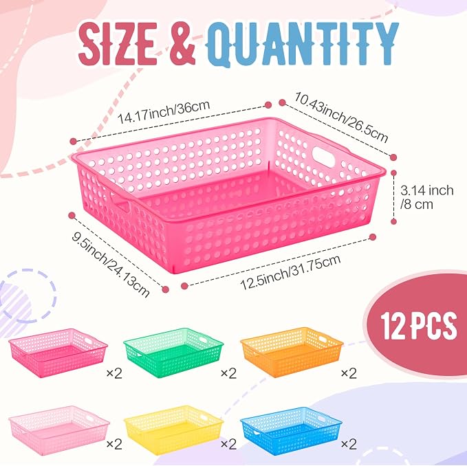 Geetery 12 Pack Classroom Storage Baskets with Handle,Translucent Colors | 14''x10'' Paper Tray Holds A4 Turn in Trays Plastic Paper Baskets Desk Organizer Bin for Classroom, Library, Office, Home