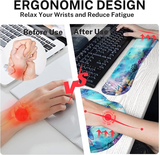 Keyboard Mouse Pad Set, 4 in 1 Desk Mat Set, Sea Turtle Cute | Ocean Large Mousepad+Keyboard Wrist Rest+Mouse Wrist Rest+Coaster Ergonomic Design for Home Office Computer