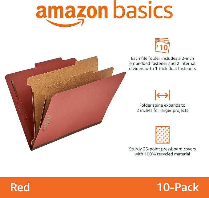 Amazon Basics Classification Folder with Prongs, Pressboard, 2 Dividers, 2-Inch Expansion, Letter Size, Red, Pack of 20, for Organizing Documents