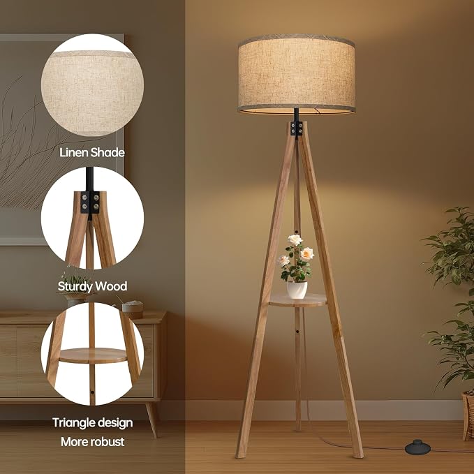 EOEYYOYB Floor Lamps for Living Room, Modern Standing Lamp with Shelf, 3 Color Temperature Led Bulb Tall Lamps with Foot Switch for Bedroom and Office, Burlywood