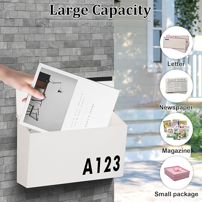 Dalmbox Wall-Mount Mailbox Large Mailbox for Post Rust-Proof Galvanized Steel Box for Outside or Townhouse Horizontal Style, White, 15.7” x 4.3” x 9.4”