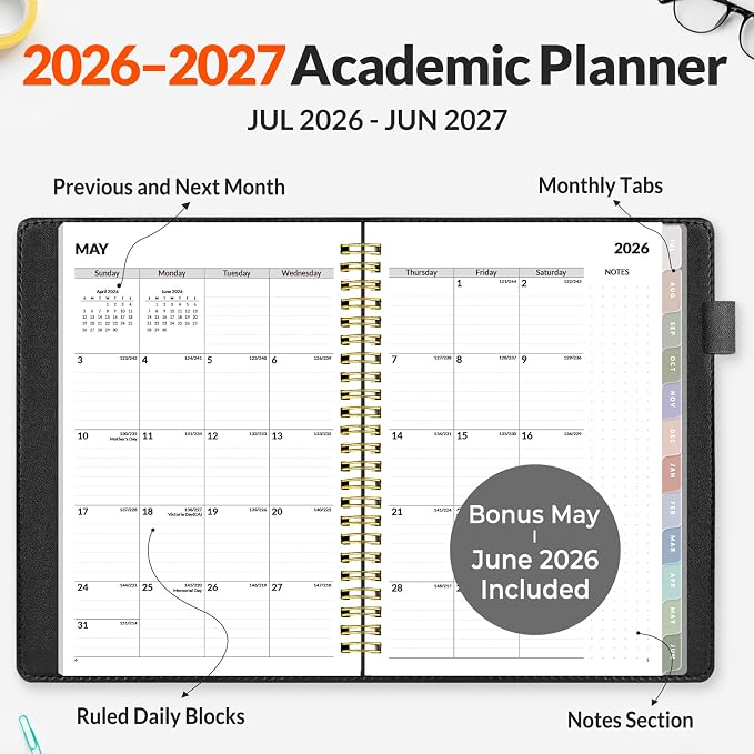 SUNEE 2026-2027 Weekly & Monthly Planner 6.4"x8.5" - 12 Month (July 2026 - June 2027), Vegan Leather Cover Planner Academic Year Calendar, Pocket, Notes, Monthly Tab, Black