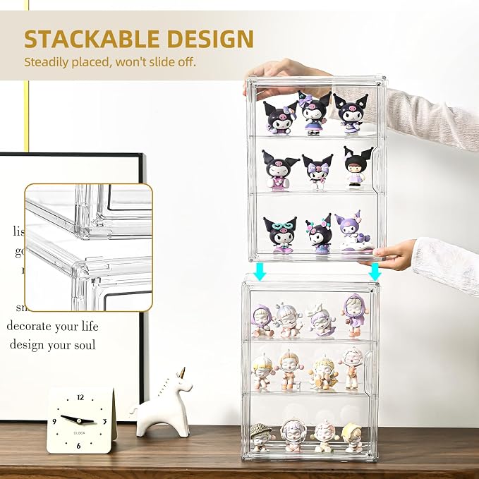 3 Tier Display Case for Collectibles,Clear Display Box with 2 Movable Plates ,Storage Container with Magnetic Door (Large 2 Pack)