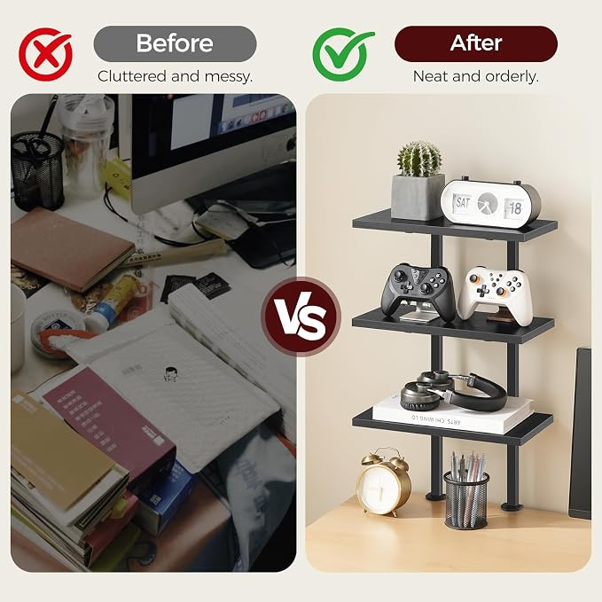 MAHANCRIS Clamp On Desk Organizer, 3-Tier Desktop Bookshelf, Adjustable Desk Storage Shelf, Metal Frame, for Office, Study and Game Room, Black DSBK3601