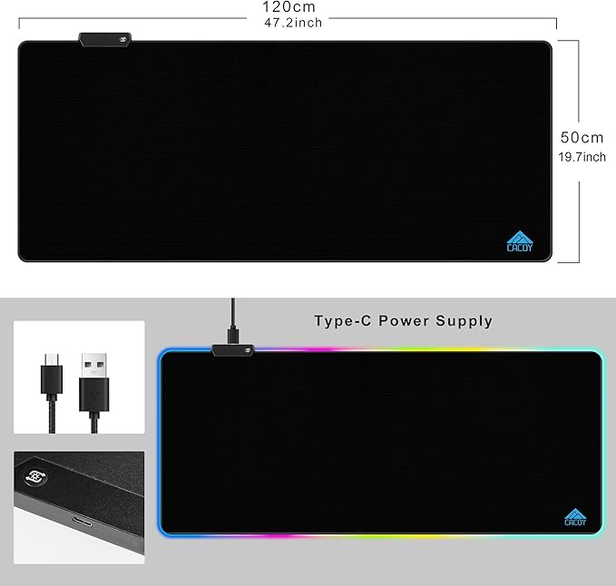 Cacoy 48"x20" RGB XXL Large Gaming Mouse Pad, LED Lighting Mouse Mat, Black | Oversized RGB Desk Mat for Keyboard and Mouse Non-Slip Base Desk Accessories Stitched Edge Optimizing Mouse Tracking Accuracy