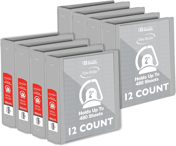 BAZIC Products 2" Grey 3-Ring View Binder, Slant-D Ring, 2 Pockets, 12-Case | 2 inside pockets, 2 in Grey view 3-ring binder, slant-D rings, holds up to 480 sheets, Durable poly cover