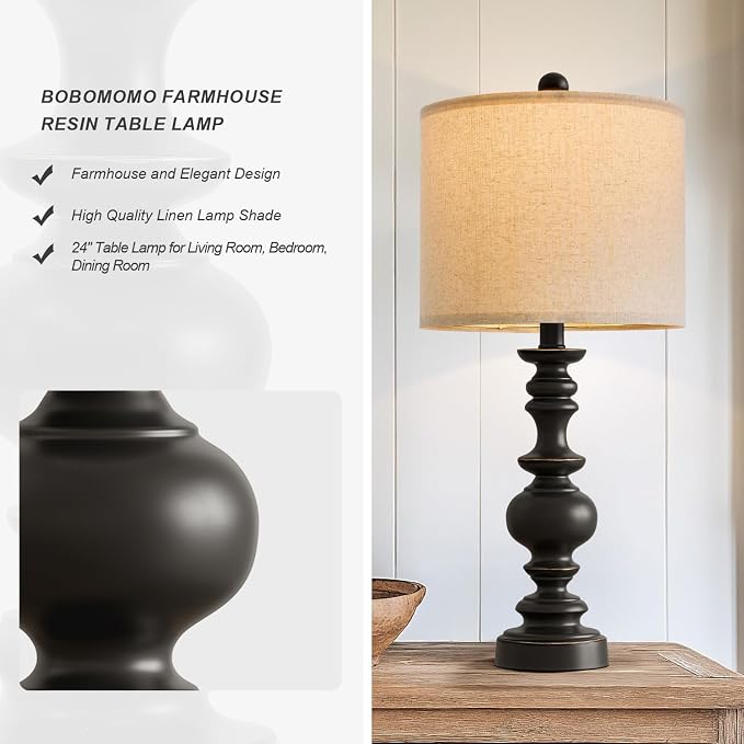 BOBOMOMO 24" Traditional Farmhouse Table Lamp Set of 2, Vintage Resin Lamps for Living Room Bedroom, Rustic Nightstand Lamp with Linen Shades, Retro Black Table Lamps for Living Room, Bedroom, Office