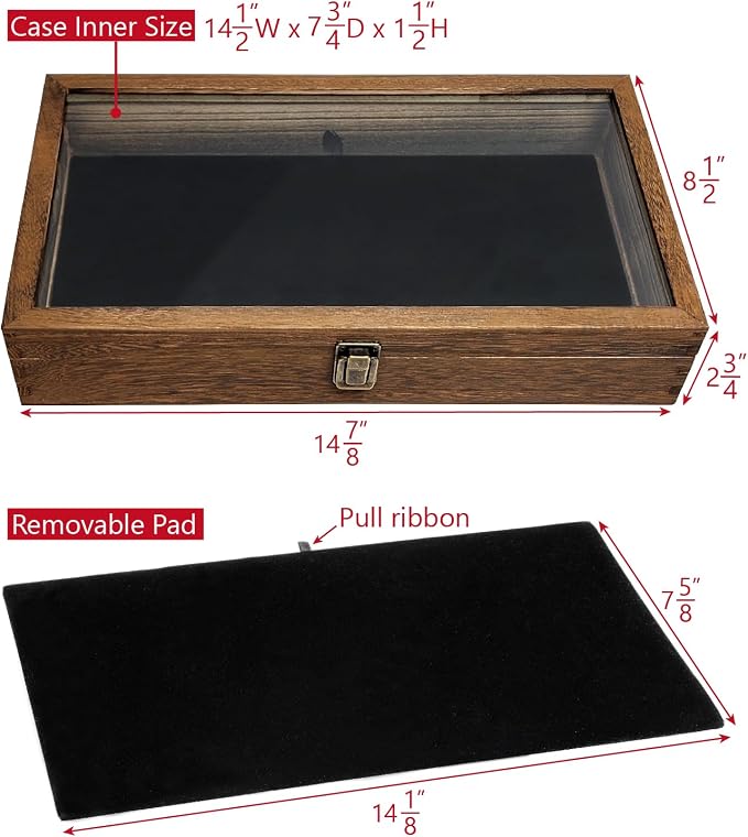MOOCA Wood Jewelry Display Case with Tempered Glass Top, Velvet Pad | Wood display case with a glass top and removable black velvet pad accommodates taller jewelry and collectibles.