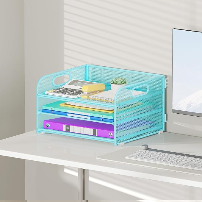Cawukege 2 Pack 3 Tier Paper Organizer with Handle, Metal Desk Organizer Mesh Paper Letter Tray Desktop File Folder Document Sorter for Classroom, School, Office Accessories Storage (2, Blue)